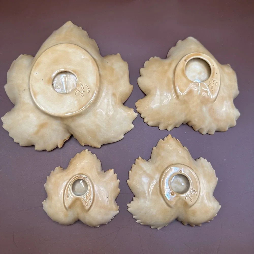 Vintage Ceramic Leaf Nesting 4 Bowl Caramel Majolica Style Signed Studio Pottery